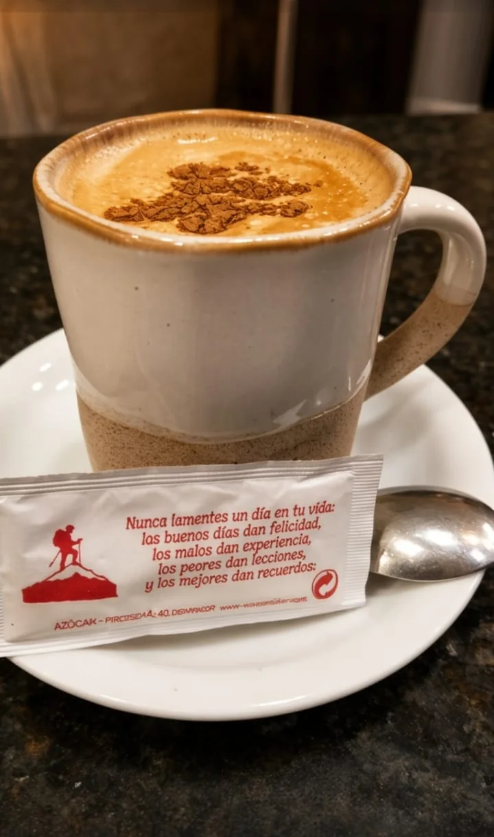 Café con leche con canela en taza de cerámica