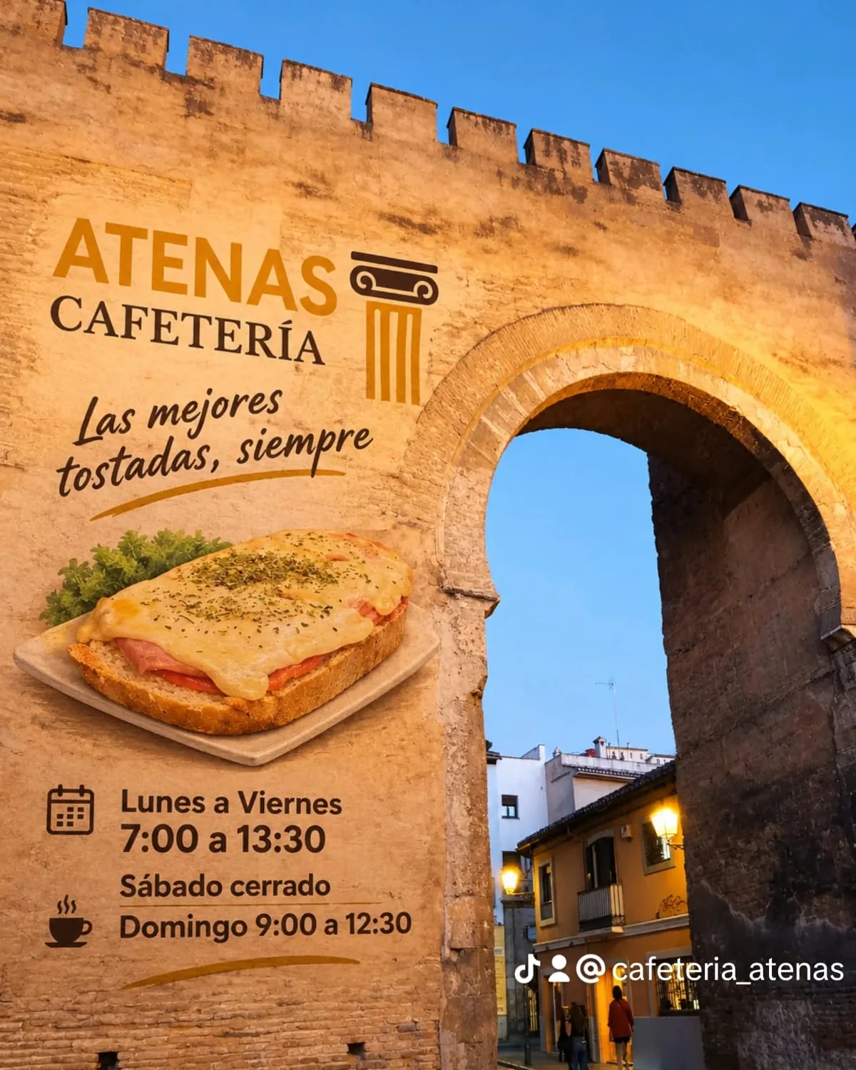 Cartel de Atenas Cafetería con el horario