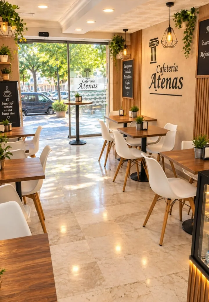 El salón de Atenas Cafetería, con mesas de madera y sillas blancas